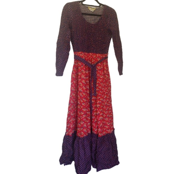 Vintage 70s Denise Are There Prairie Floral Maxi Dress Blue & Red Ruffled  M / L - Picture 4 of 16